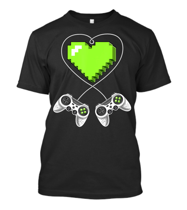 Valentines Day Green Pixel Heart With Video Game Controllers Gamer T-Shirt