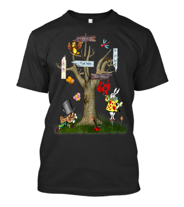 Alice In Wonderland Mens White Rabbit Mad Hatter Tree Signs T-Shirt
