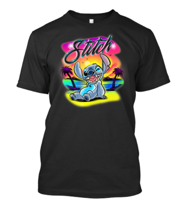 Disney Stitch Airbrush Tropical Sunset Scene T-Shirt