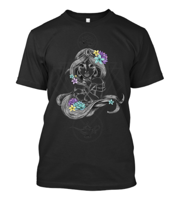 Jasmine Floral Portrait With Magic Lamp And Geometric Lotus Elements T-Shirt