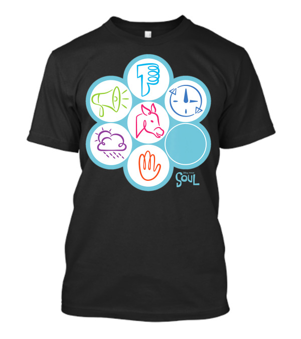 Disney Pixar Soul 22 Earth Pass Icons Thumbs Down Megaphone Compass Rain Cloud Horse Hand T-Shirt