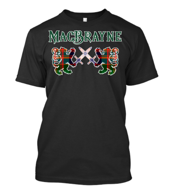 Macbrayne Scottish Clan Lion Family Name Tartan Lions With Crossed Swords T-Shirt