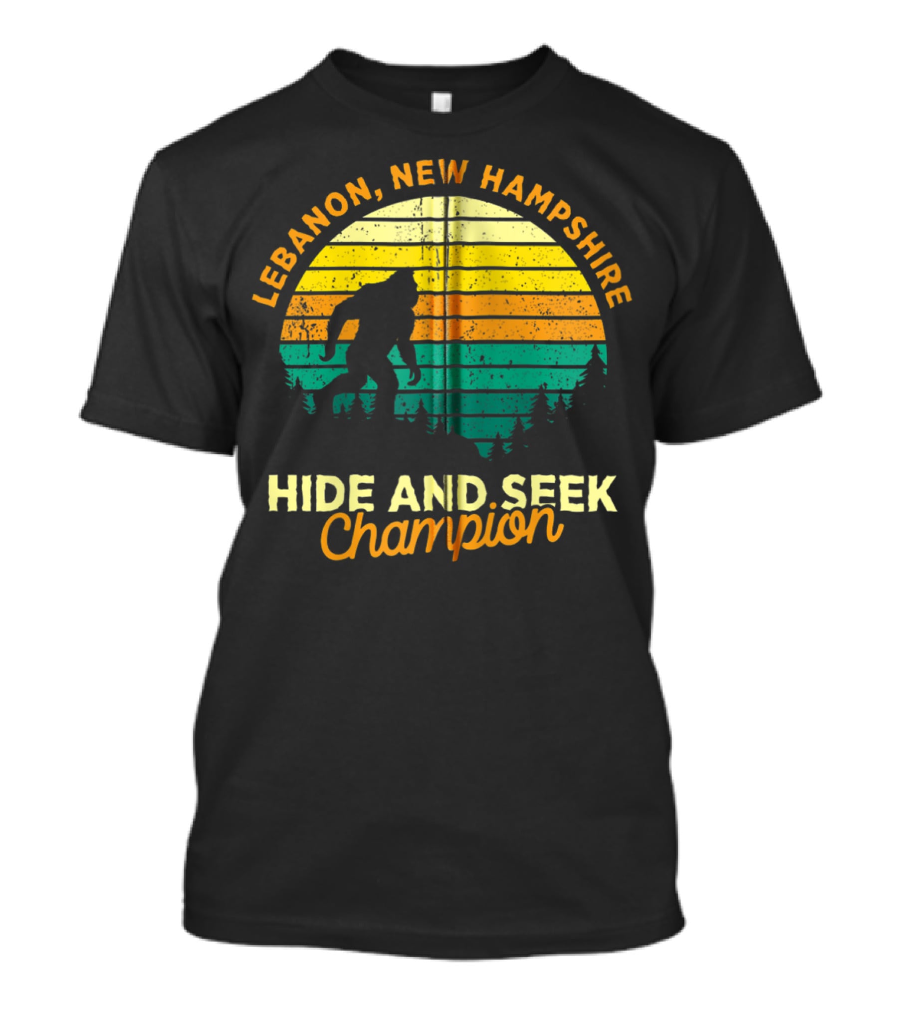 Lebanon New Hampshire Bigfoot Hide And Seek Champion Retro Sunset T-Shirt