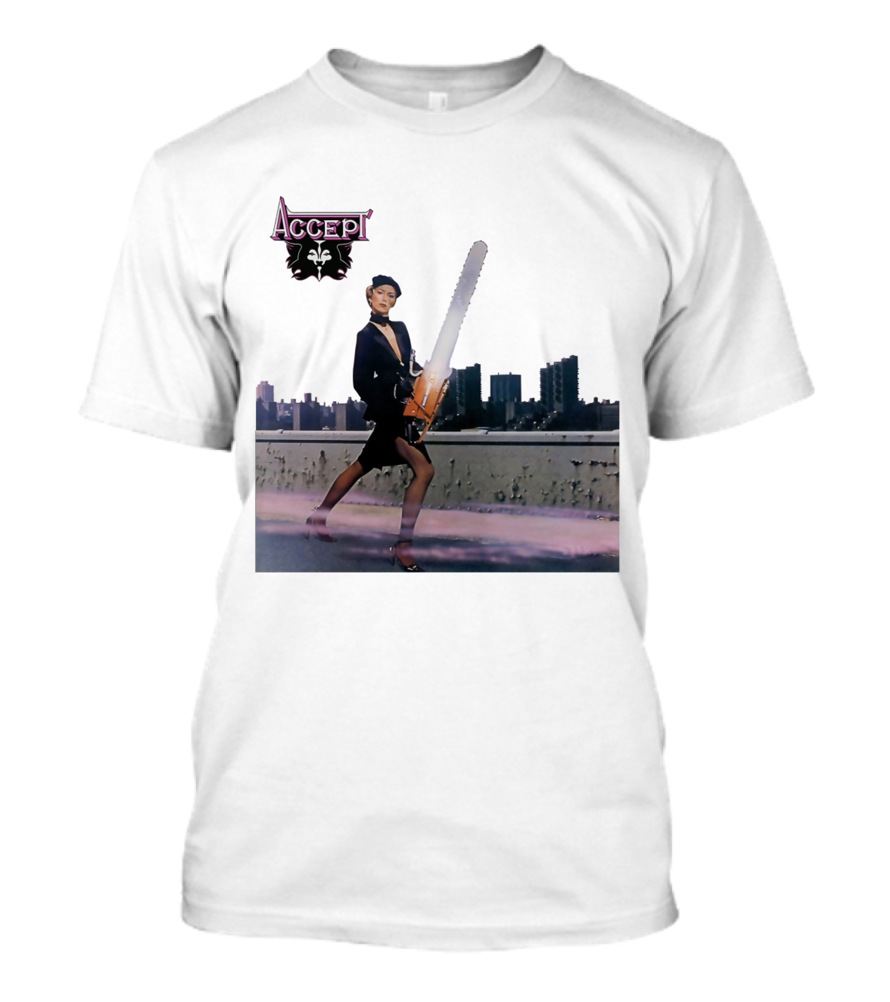 Accept Chainsaw Woman Cityscape Scene T-Shirt