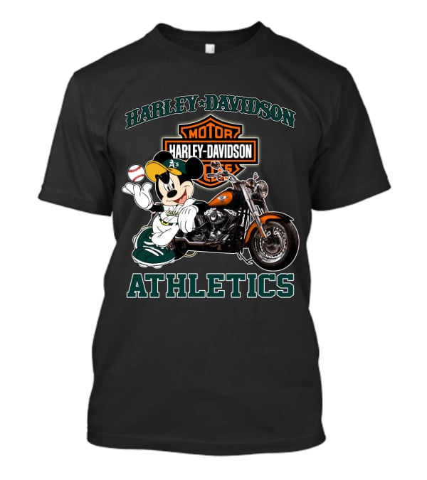 Harley Davidson Oakland Athletics With Mickey Mouse Baseball Motorcycle T-Shirt