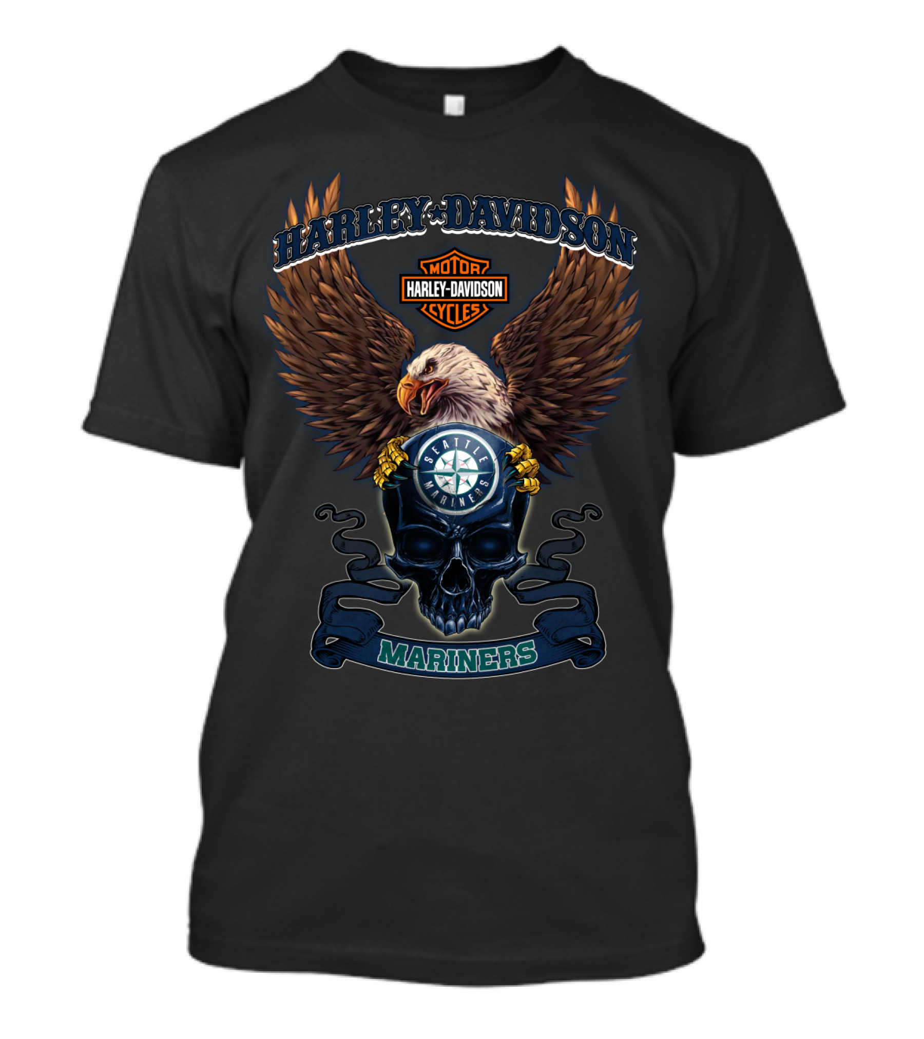 Harley Davidson Seattle Mariners Mlb Logo With Eagle And Skull T-Shirt