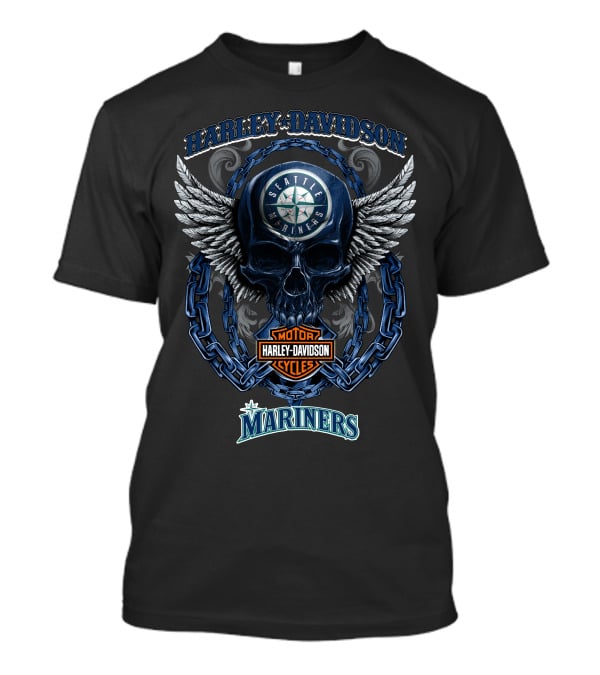Harley Davidson Seattle Mariners Skull Winged Emblem With Motorcycles T-Shirt