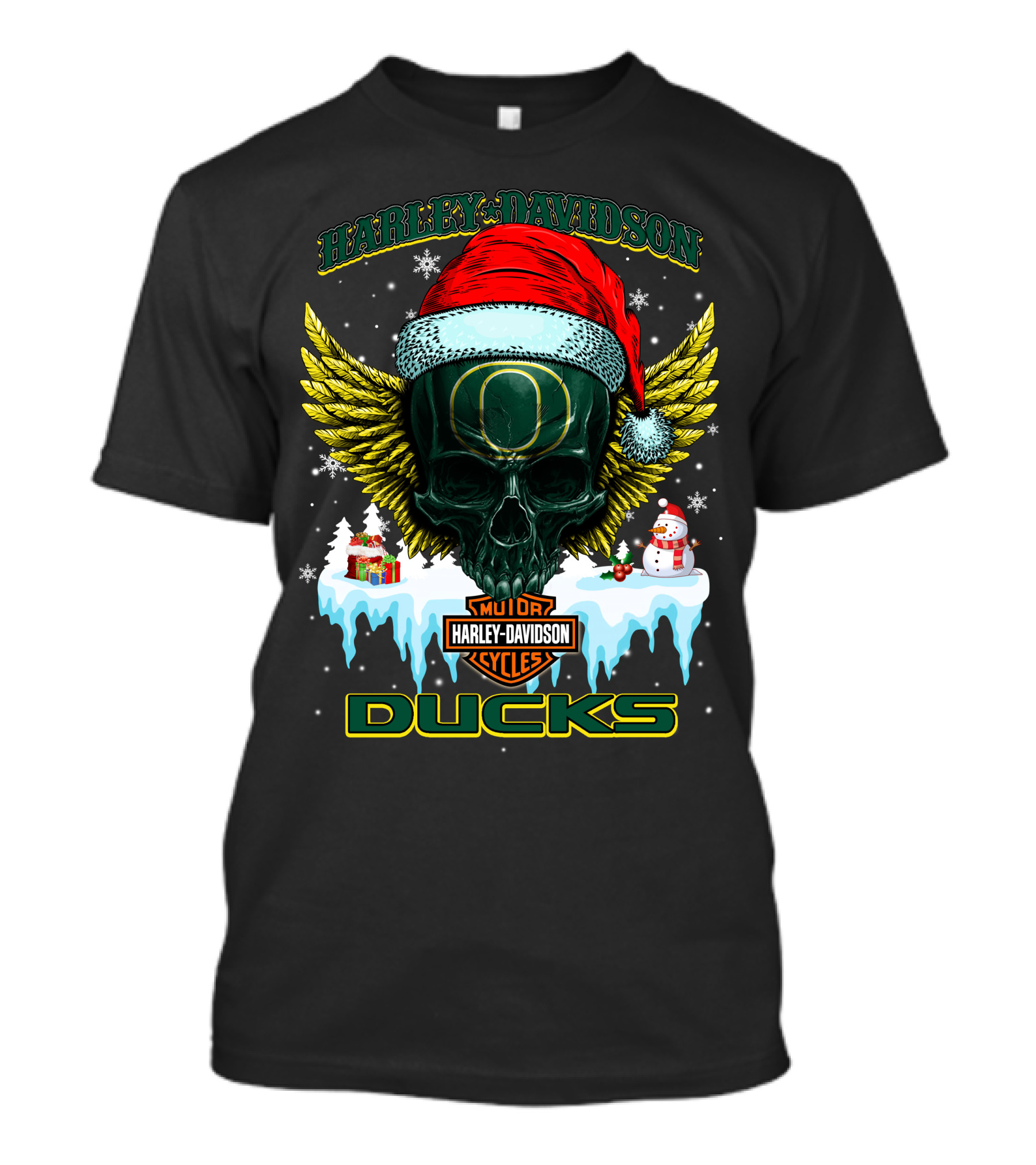 Harley Davidson Oregon Ducks Santa Skull Snowman Holiday T-Shirt