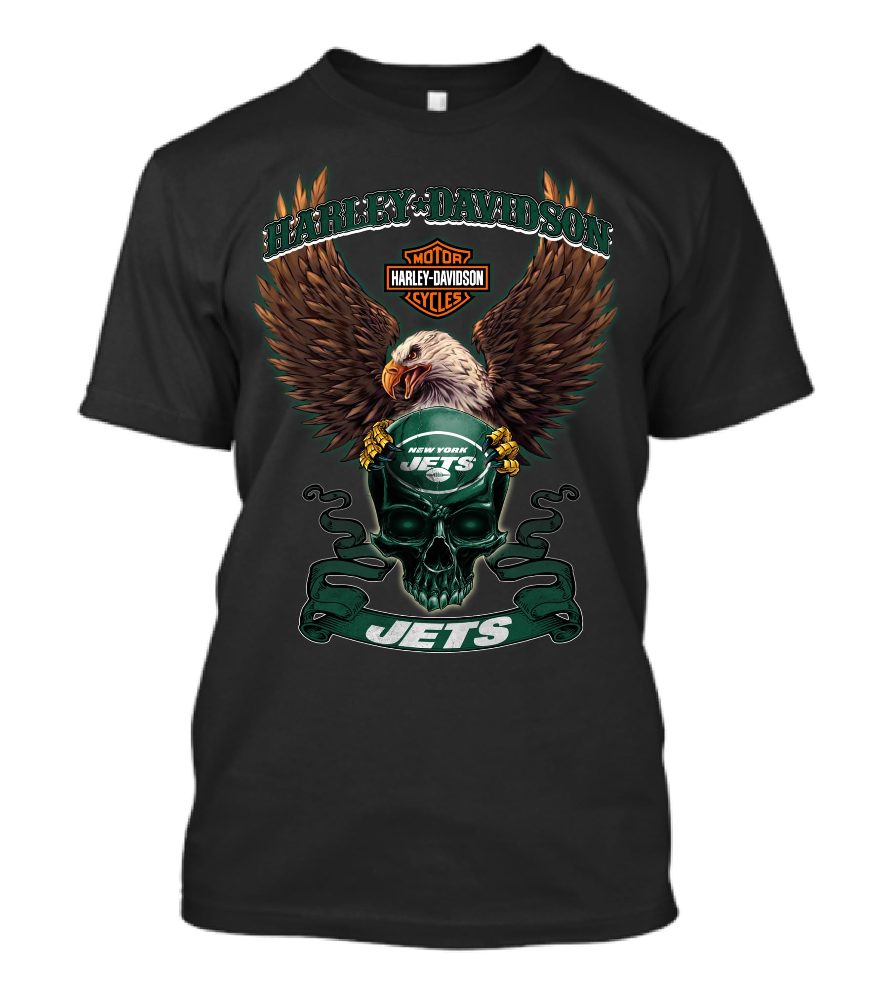 Harley Davidson Motor Cycles New York Jets Eagle Skull Jets T-Shirt