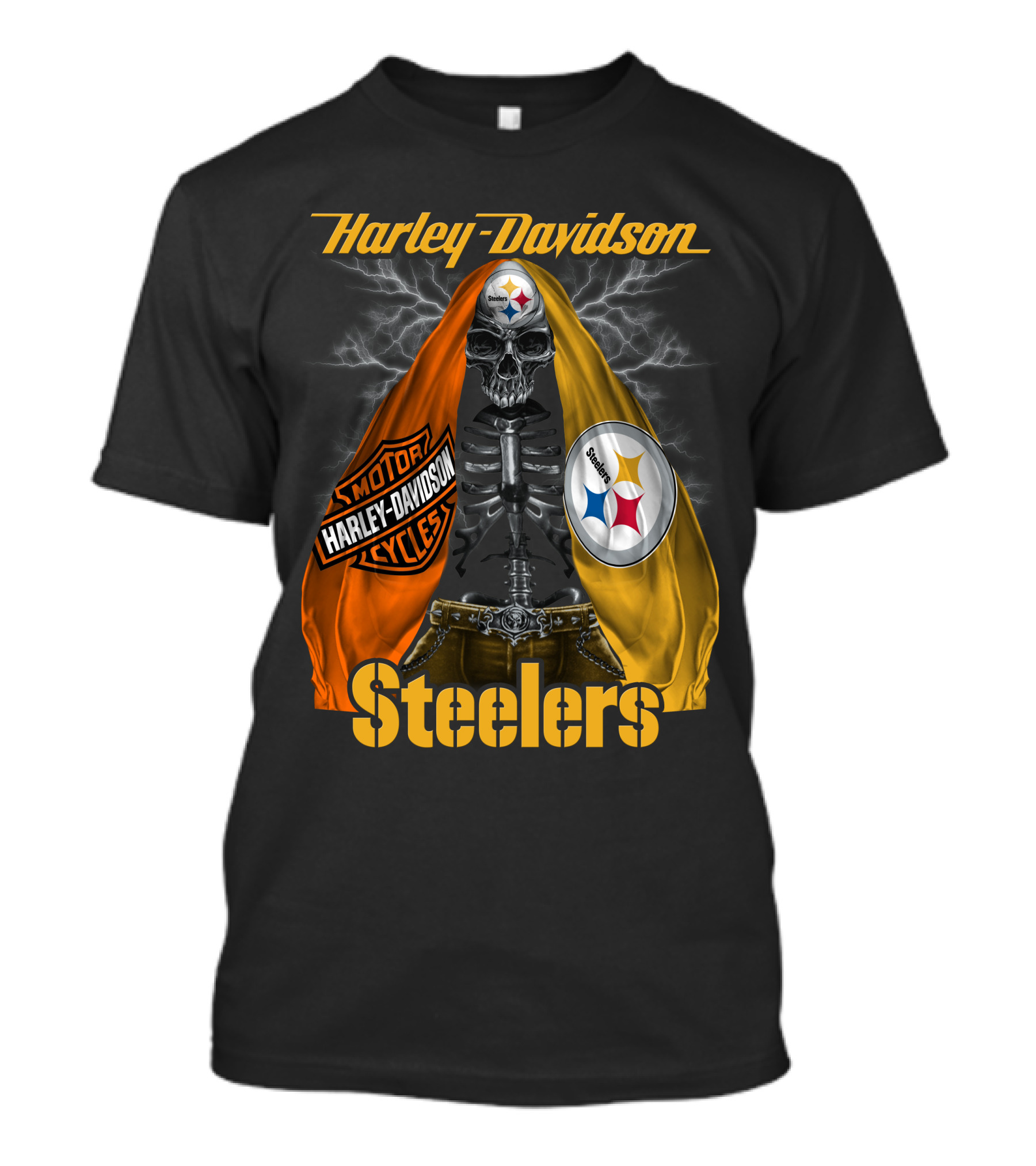 Harley Davidson Steelers Motorcycles Skull With Lightning T-Shirt