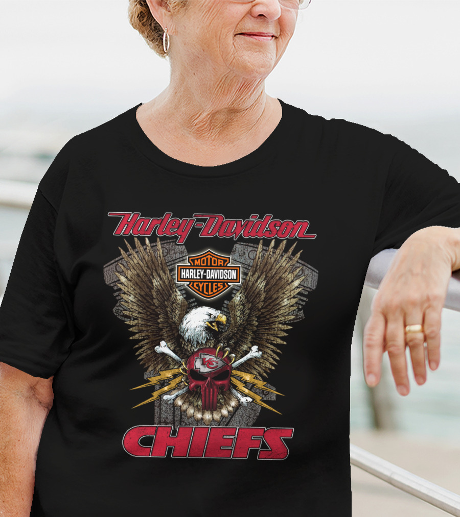 Harley Davidson Kansas City Chiefs Nfl Collaboration With Eagle And Skull T-Shirt