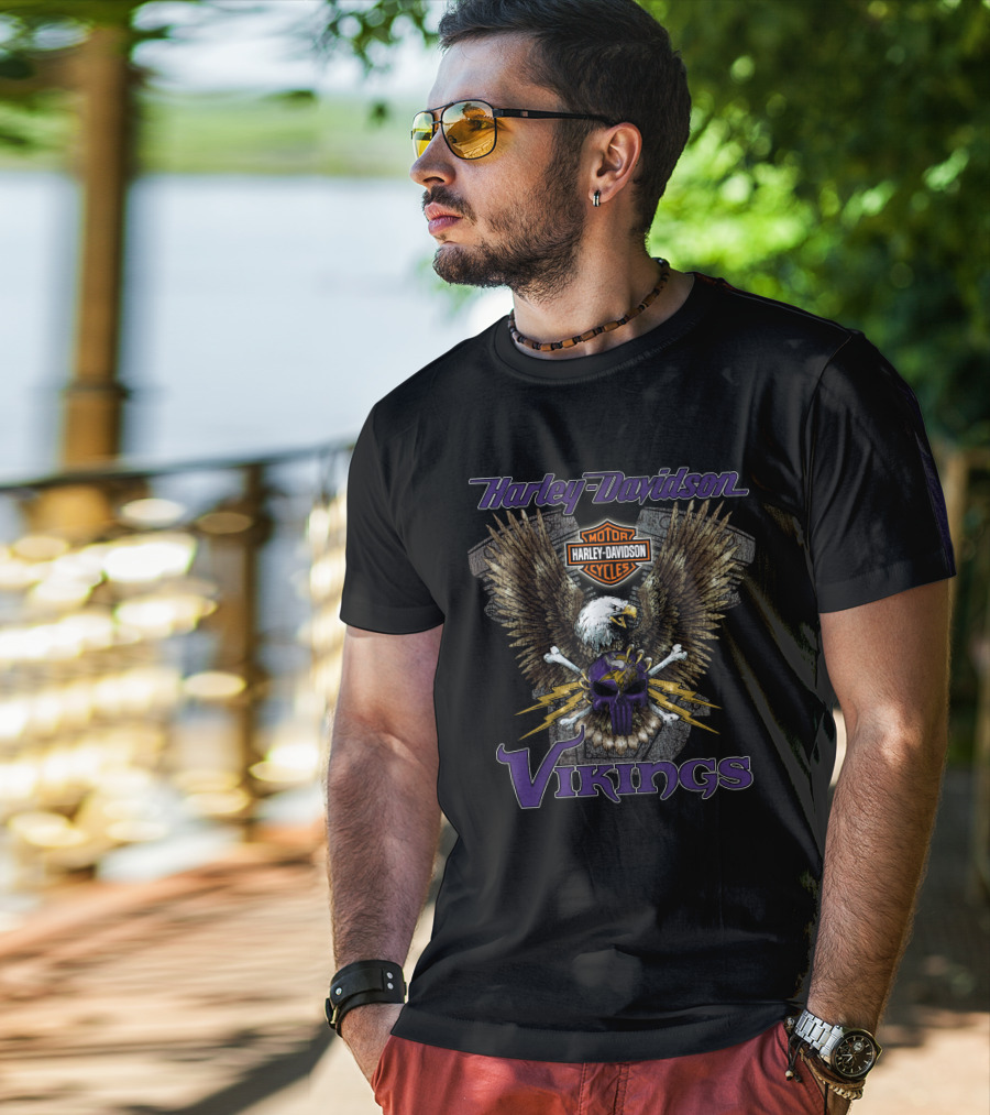 Harley Davidson Vikings Skull Eagle Nfl Minnesota T-Shirt