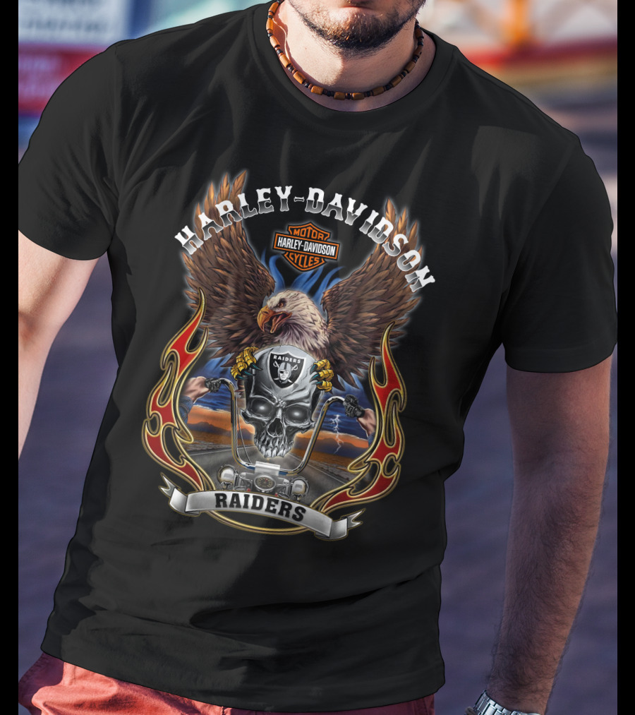 Las Vegas Raiders Nfl Harley Davidson Motorcycles Eagles Road Skull Flames T-Shirt