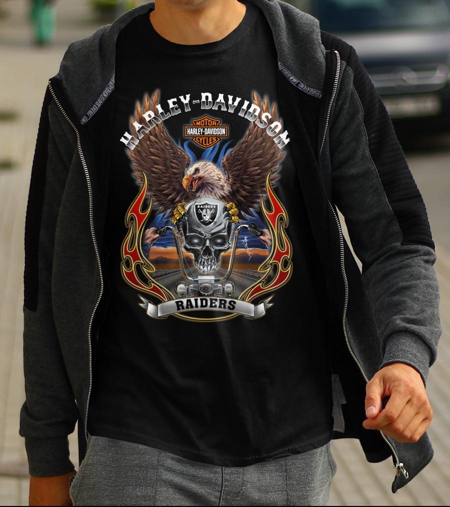 Las Vegas Raiders Nfl Harley Davidson Motorcycles Eagles Road Skull Flames T-Shirt
