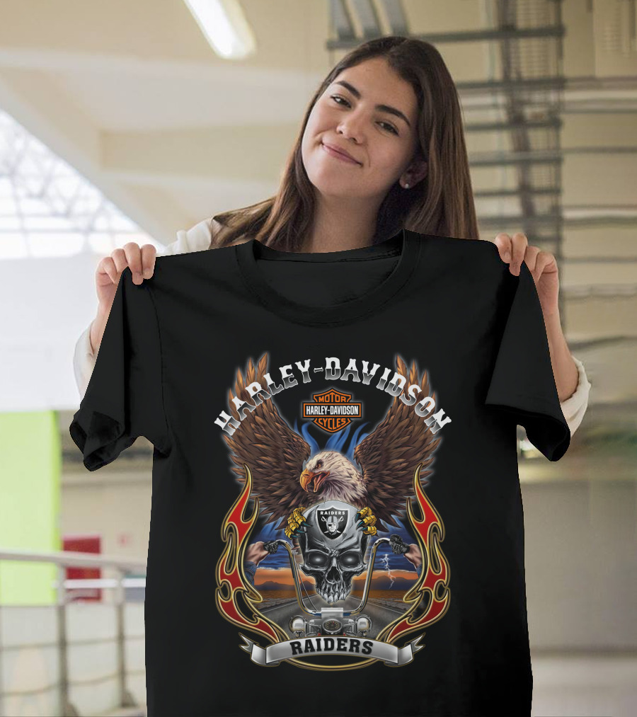 Las Vegas Raiders Nfl Harley Davidson Motorcycles Eagles Road Skull Flames T-Shirt