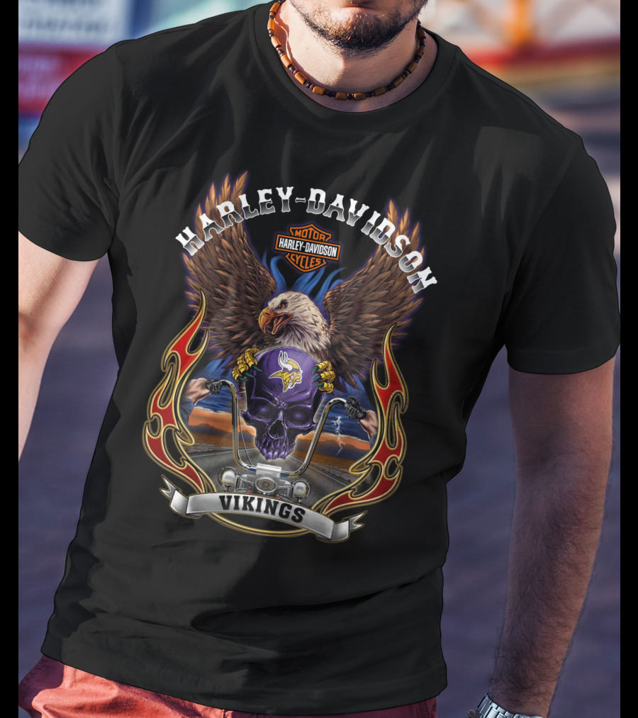 Harley Davidson Motor Cycles Vikings Minnesota Nfl Eagle Skull T-Shirt