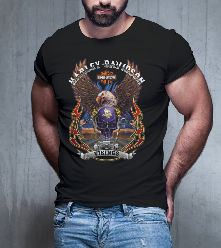 Harley Davidson Motor Cycles Vikings Minnesota Nfl Eagle Skull T-Shirt