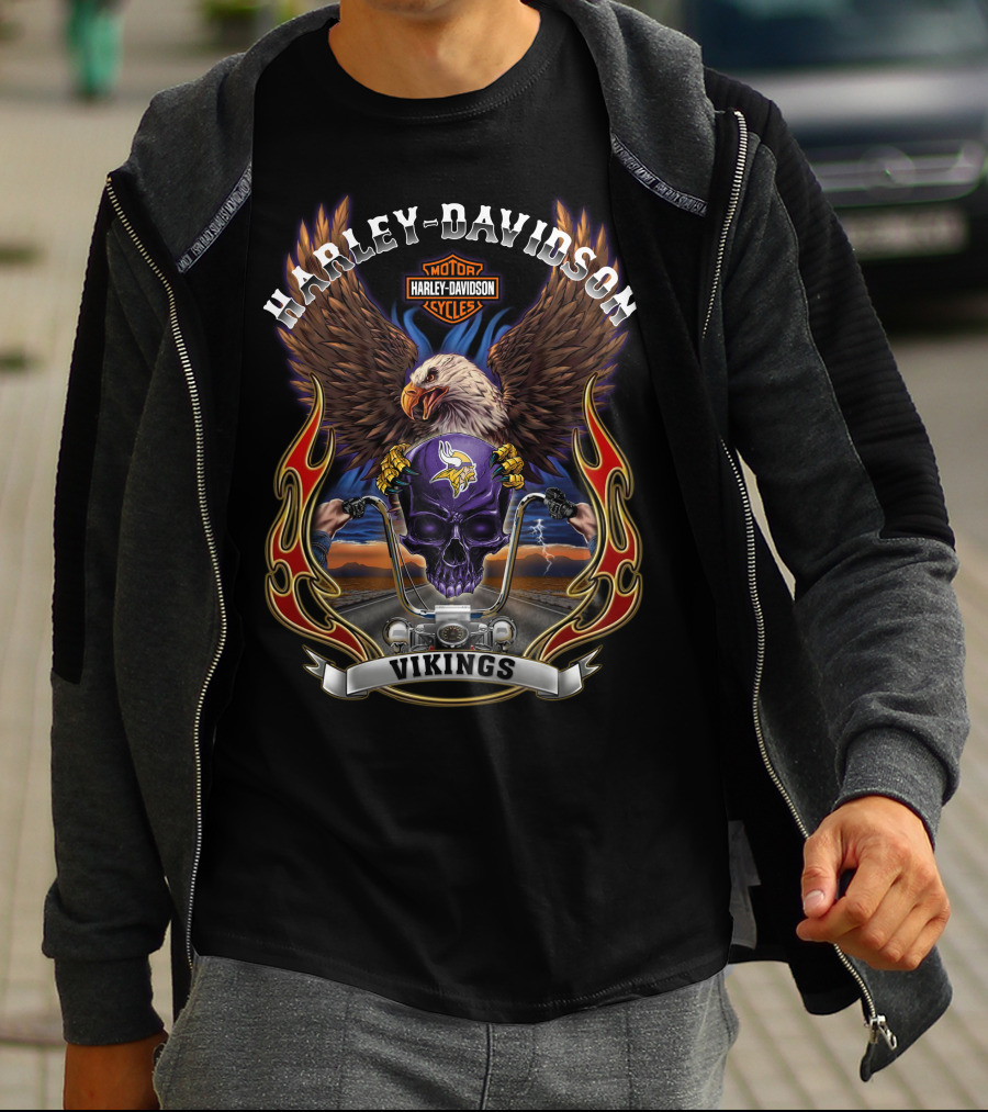 Harley Davidson Motor Cycles Vikings Minnesota Nfl Eagle Skull T-Shirt