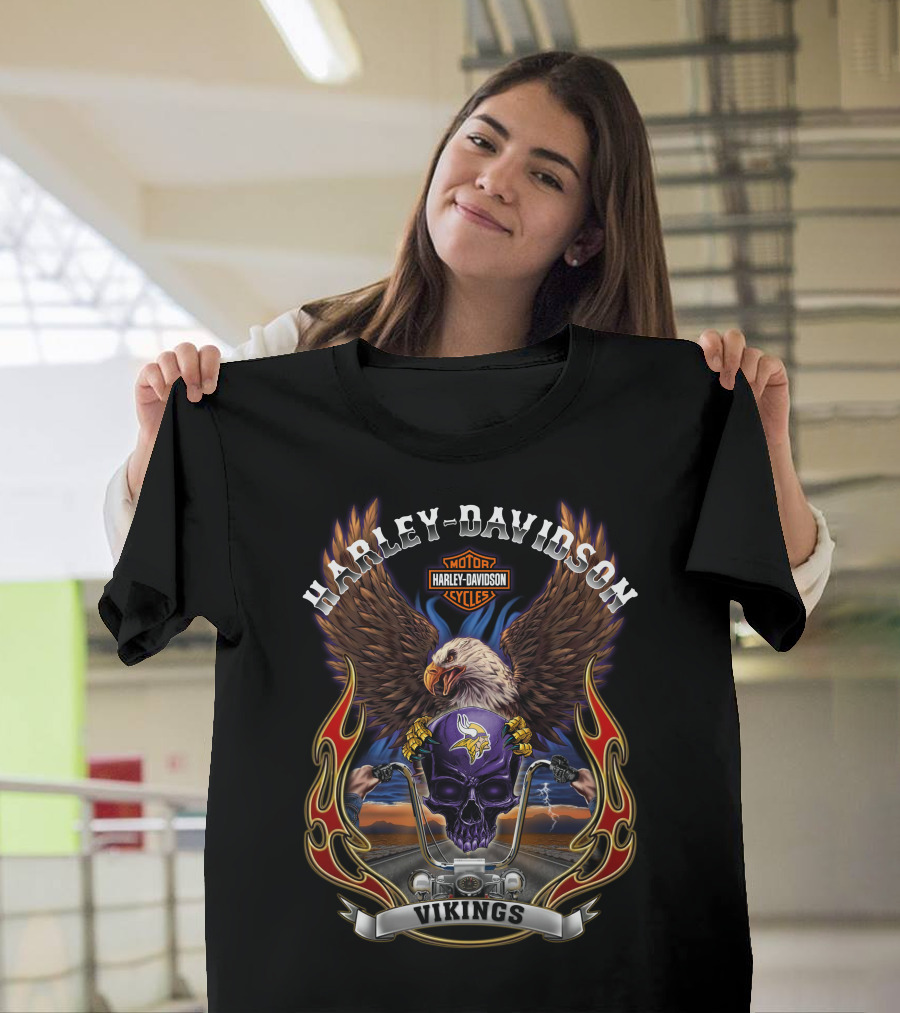 Harley Davidson Motor Cycles Vikings Minnesota Nfl Eagle Skull T-Shirt