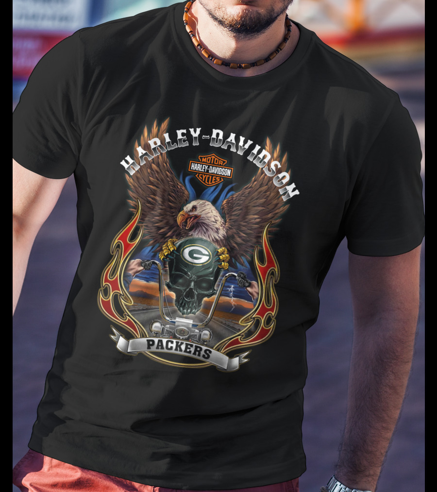 Harley Davidson Motor Cycles Packers Green Bay Eagle Skull T-Shirt