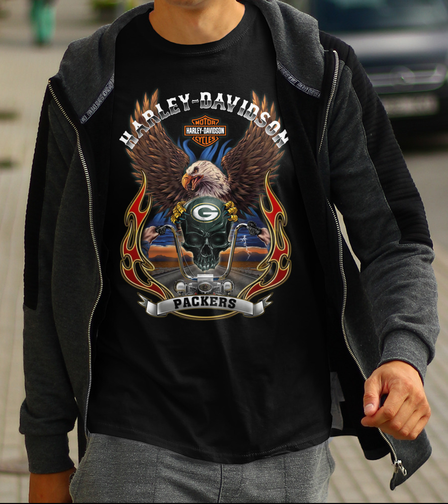 Harley Davidson Motor Cycles Packers Green Bay Eagle Skull T-Shirt