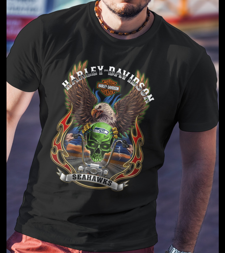 Harley Davidson Motorcycles Seahawks Eagle Riding T-Shirt