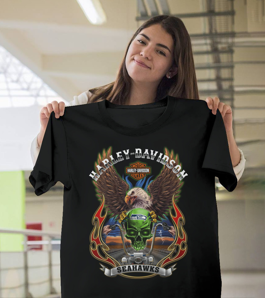 Harley Davidson Motorcycles Seahawks Eagle Riding T-Shirt