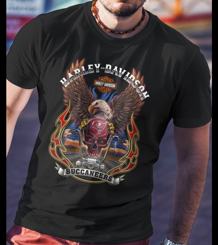 Harley Davidson Tampa Bay Buccaneers Motorcycle Eagle Flag Logo T-Shirt