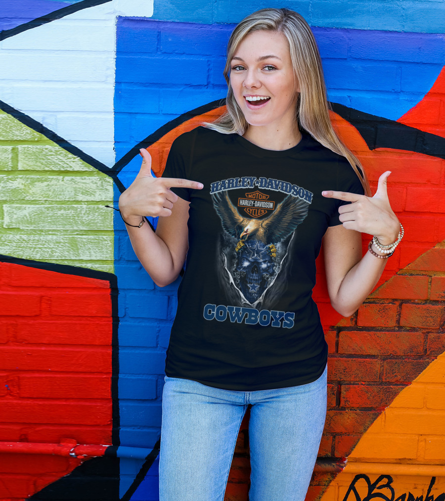 Harley Davidson Motor Cycles Eagle And Dallas Cowboys Blue Skull T-Shirt