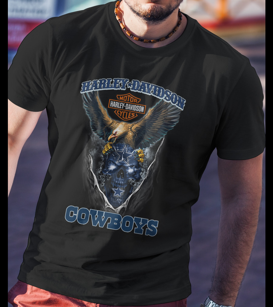 Harley Davidson Motor Cycles Eagle And Dallas Cowboys Blue Skull T-Shirt
