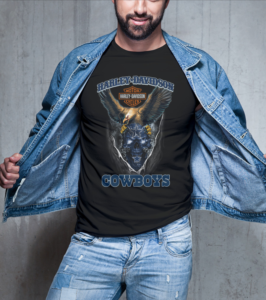 Harley Davidson Motor Cycles Eagle And Dallas Cowboys Blue Skull T-Shirt