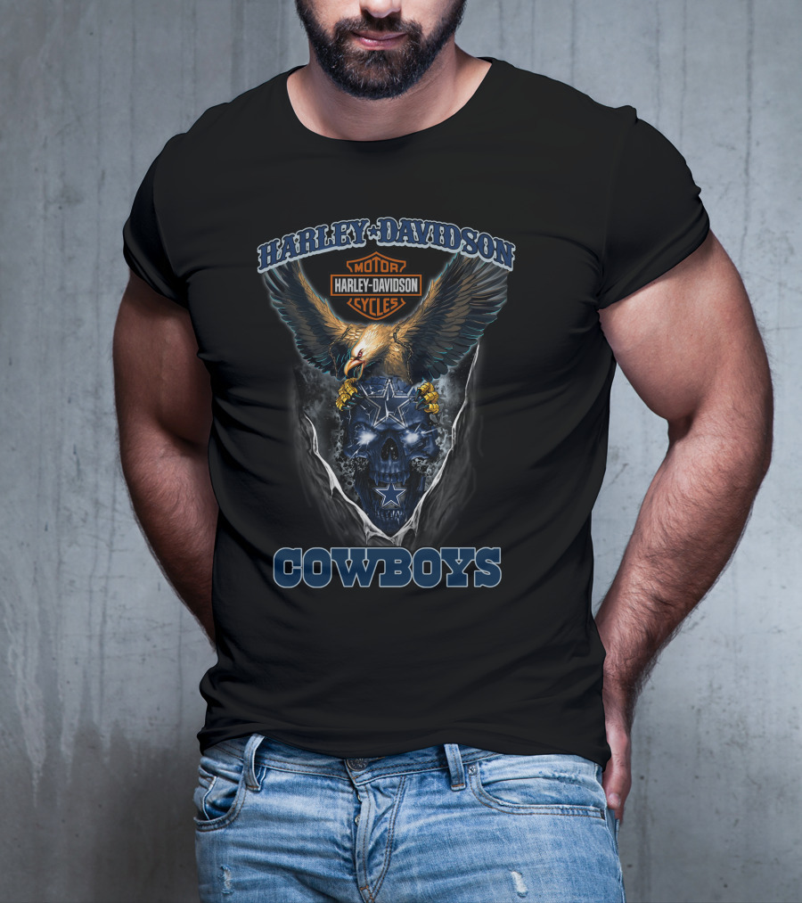 Harley Davidson Motor Cycles Eagle And Dallas Cowboys Blue Skull T-Shirt