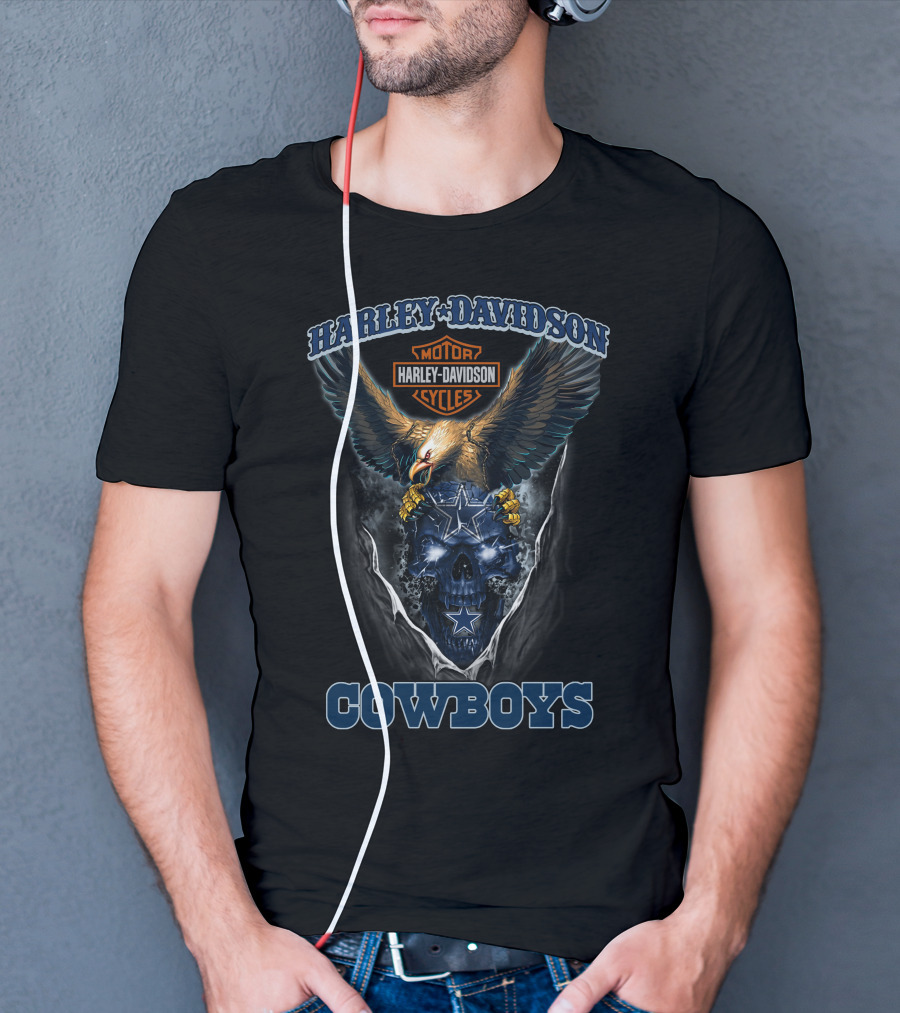 Harley Davidson Motor Cycles Eagle And Dallas Cowboys Blue Skull T-Shirt