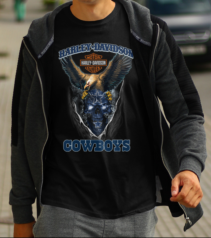 Harley Davidson Motor Cycles Eagle And Dallas Cowboys Blue Skull T-Shirt