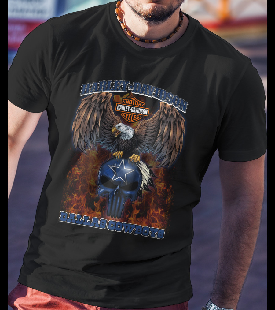 Dallas Cowboys Harley Davidson Eagle Skull Flame T-Shirt