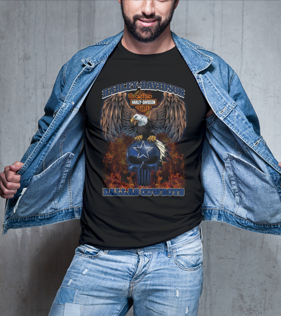 Dallas Cowboys Harley Davidson Eagle Skull Flame T-Shirt