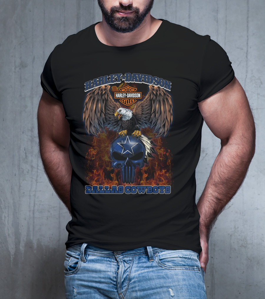Dallas Cowboys Harley Davidson Eagle Skull Flame T-Shirt