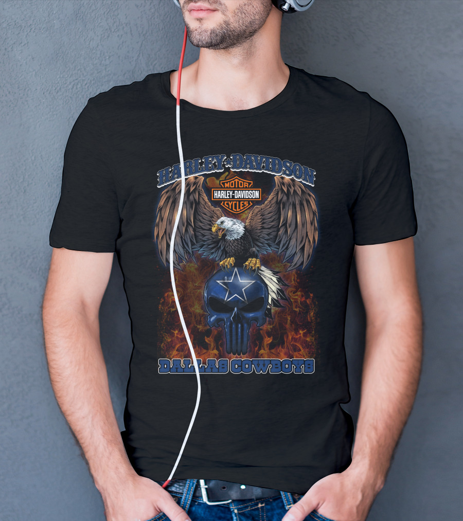 Dallas Cowboys Harley Davidson Eagle Skull Flame T-Shirt