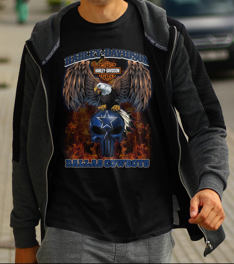 Dallas Cowboys Harley Davidson Eagle Skull Flame T-Shirt