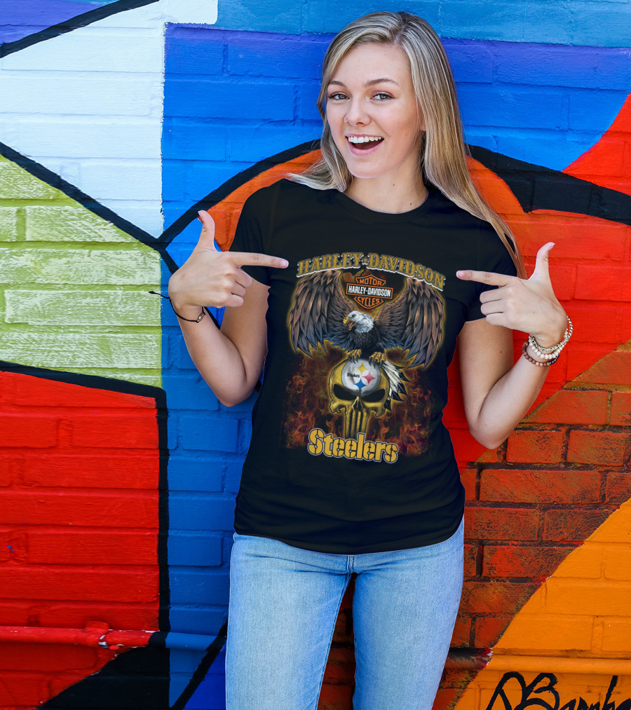 Harley Davidson Steelers Nfl Eagle Logo Flame T-Shirt