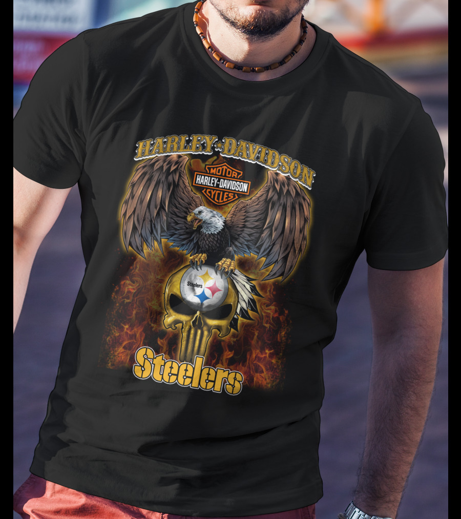 Harley Davidson Steelers Nfl Eagle Logo Flame T-Shirt