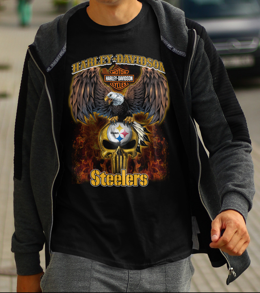 Harley Davidson Steelers Nfl Eagle Logo Flame T-Shirt