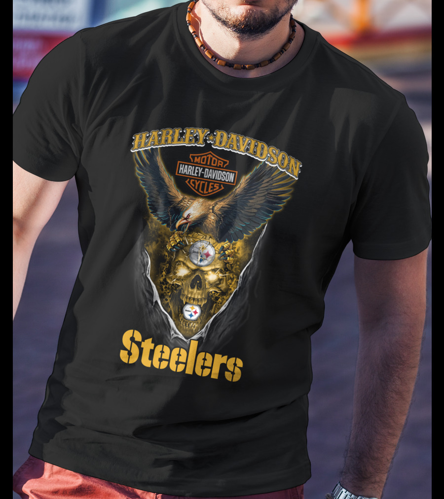 Harley Davidson Motor Cycles Pittsburgh Steelers Skull Eagle T-Shirt