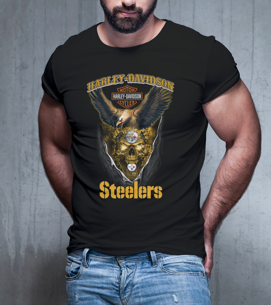 Harley Davidson Motor Cycles Pittsburgh Steelers Skull Eagle T-Shirt