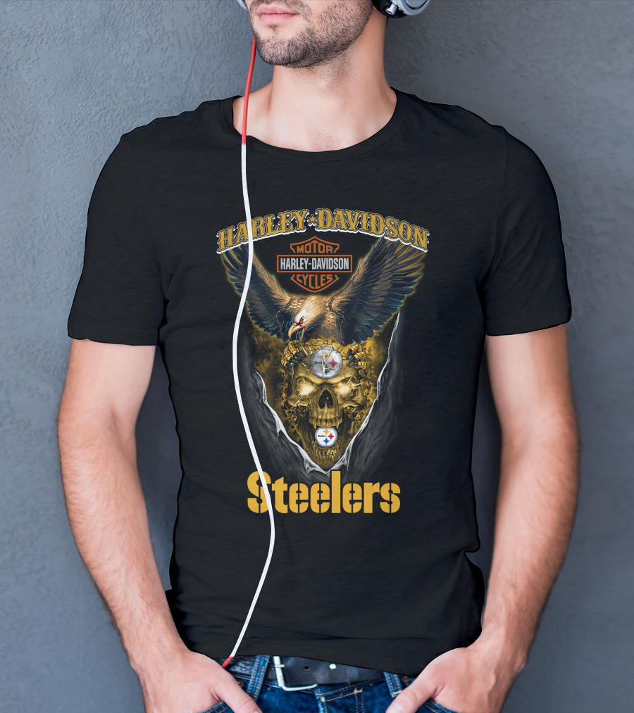 Harley Davidson Motor Cycles Pittsburgh Steelers Skull Eagle T-Shirt