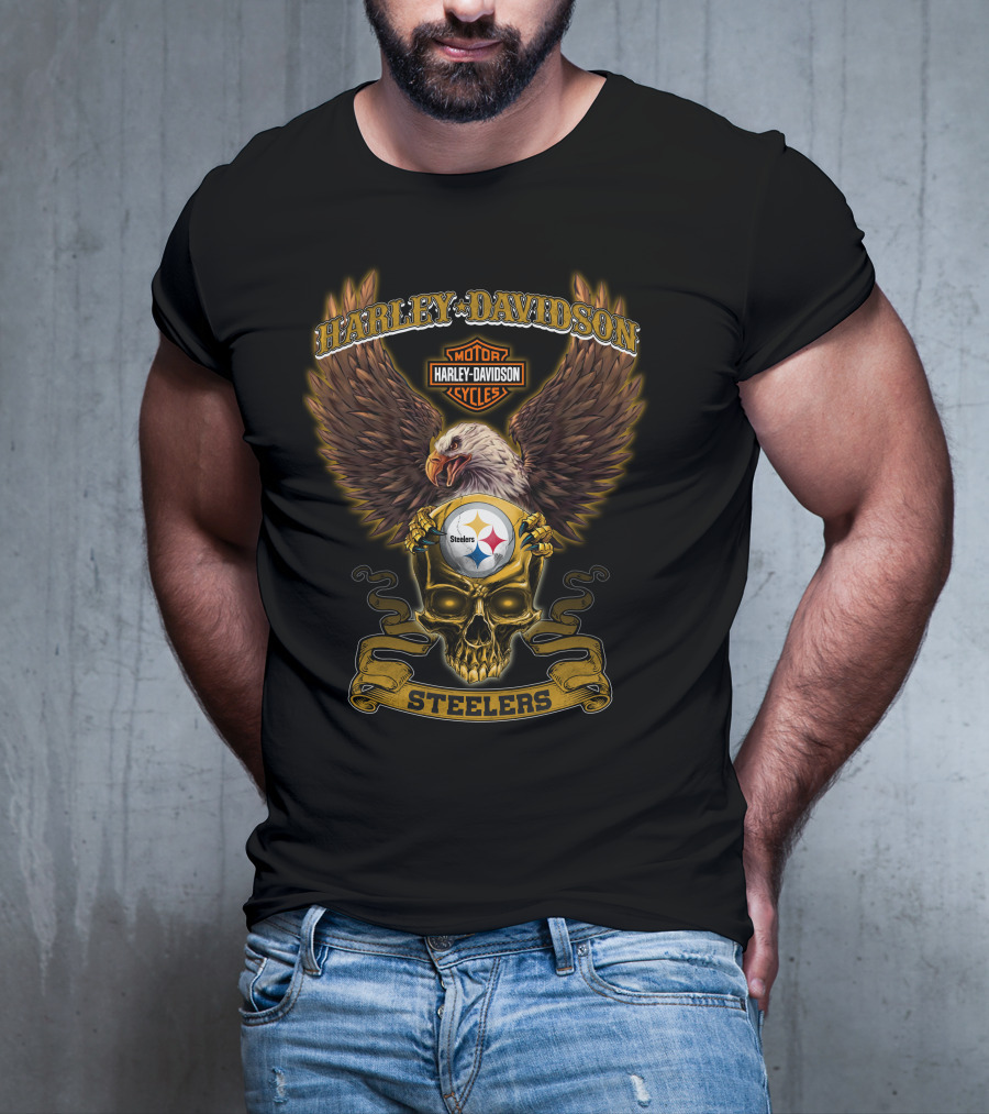Harley Davidson Pittsburgh Steelers Nfl Skull Eagle Motocycles T-Shirt