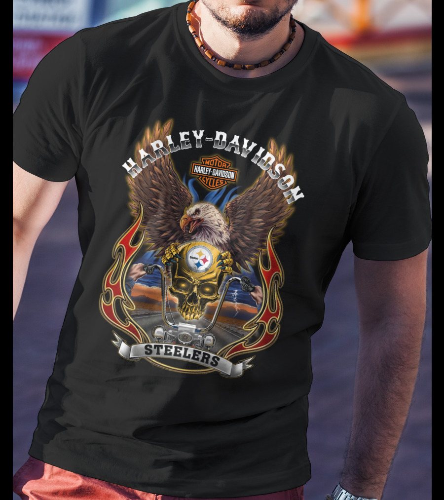 Harley Davidson Motorcycles Steelers Eagle Skull Road T-Shirt