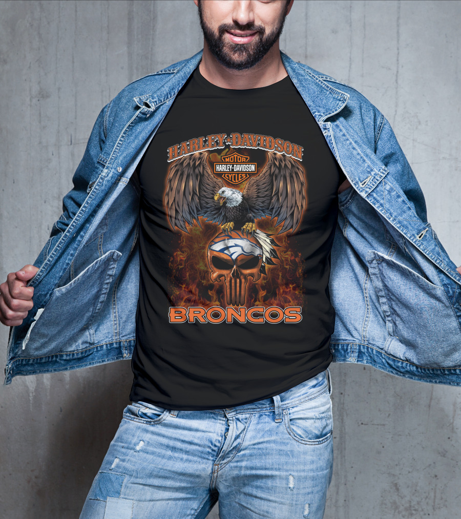 Harley Davidson Motor Cycles Eagle Broncos Nfl T-Shirt