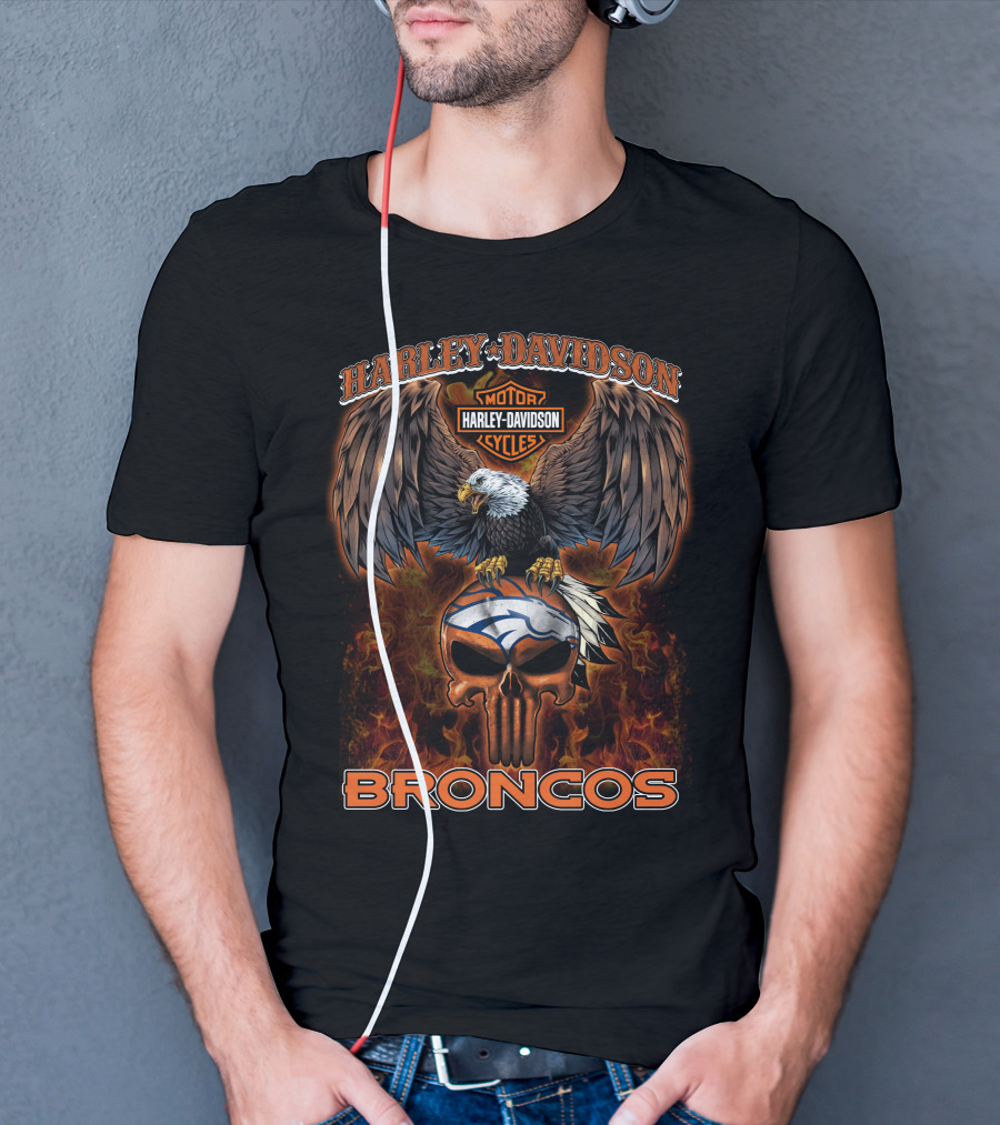 Harley Davidson Motor Cycles Eagle Broncos Nfl T-Shirt