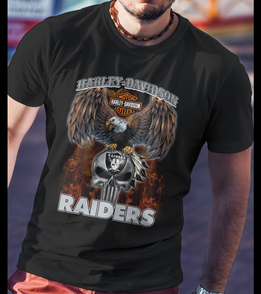 Harley Davidson Motor Cycles Raiders Nfl Eagle Skull Flames T-Shirt